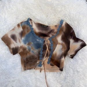 Brown tie dye with blue flowers